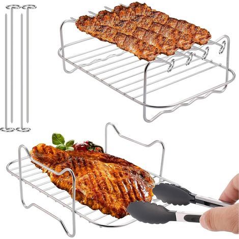 2-teiliges Zubehörset für Heißluftfritteusen: Multifunktions-Doppelschicht-Grillrost mit Spieß, Edelstahl (1/5)