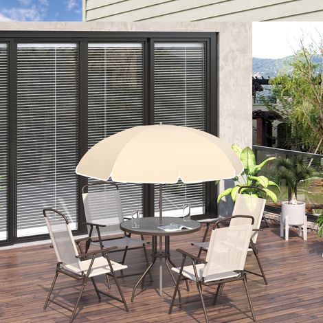 Outsunny 6-teiliges Gartenmöbelset – Runder Tisch + 4 Klappstühle + Sonnenschirm – Kaffeefarbener, epoxidbeschichteter Stahl, Textilene-Polyester, Beige