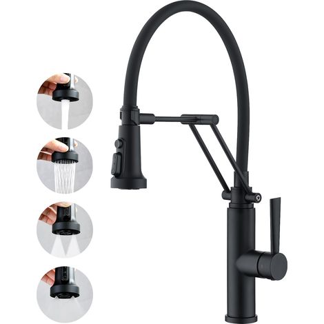 Robinet de Cuisine avec Douchette Rabattable, Mitigeur Monocommande Robinet Évier de Cuisine Haute Pression avec Aimant Rotatif à 360° en Acier Inoxydable Mat Noir (1/5)