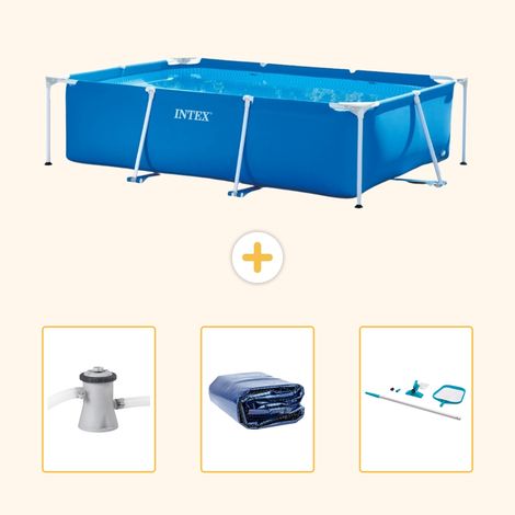 Intex – Piscine tubulaire rectangulaire 260x160x65 cm – Pompe à filtre 1250L/h – Couverture solaire WAYS D'luxe – Kit nettoyage 2 pièces