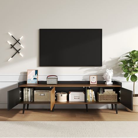 credenza mobile tv 160 cm 3 ante rigate nero naturale HAVRYA (1/5)