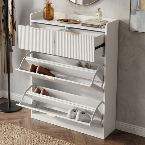 Meuble à Chaussures 80 cm avec 2 Abattants et 2 Tiroirs - Finition Rainurée et Poignées Dorées - Meuble d'Entrée Moderne, Blanc