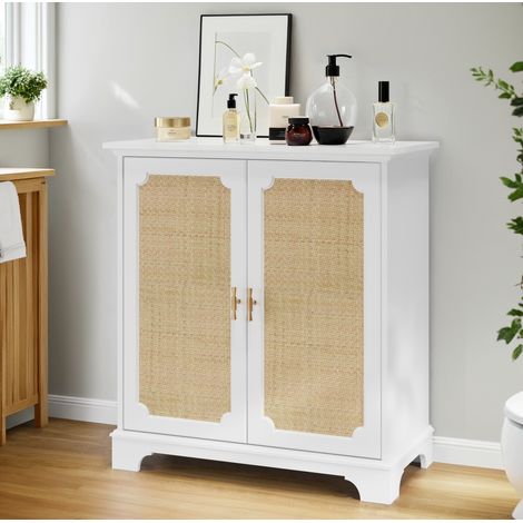Buffet 80x38x86 cm blanc en MDF et panneaux de particules avec portes en rotin et étagère réglable