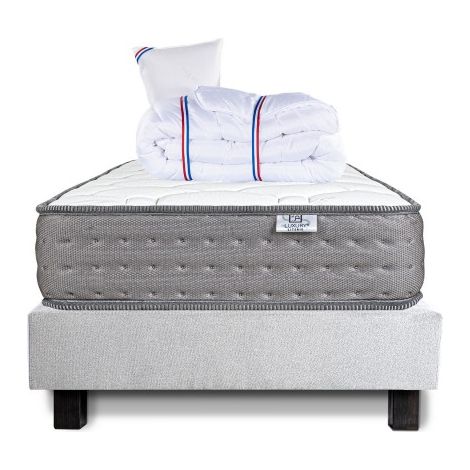 Ensemble Sommier gris (20cm) Matelas Zen (20 cm), ferme, face été/hiver Couette et Oreiller, 90x190cm (1/5)