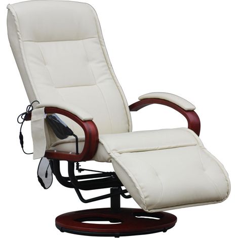 Décoshop26 – Fauteuil relax cuir crème avec massage 8 points – 3 niveaux d'intensité – Dossier ajustable 98,5-118 cm – 40006380