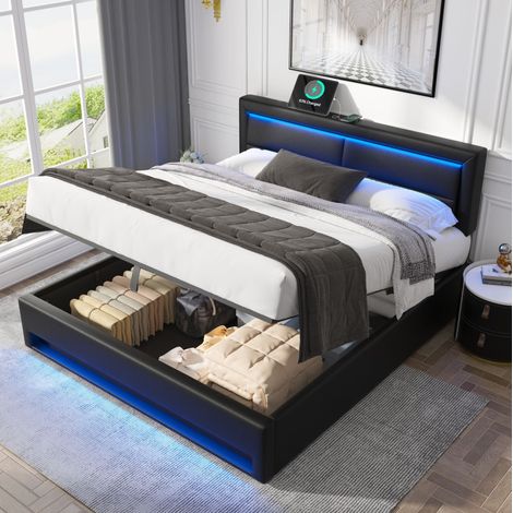 Letto imbottito 160/200 cm nero con LED, ricarica USB wireless/cablata e vano contenitore (1/5)