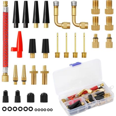 Embout Pompe Velo 40 Pièces, DV AV SV Adaptateur de Valve de Vélo avec Boîte de Rangement, Embout Gonfleur Ballon, Adaptateur Pompe Velo avec Tuyau de Gonflage, pour Pompe à Vélo/Compresseurs Pompes (1/4)