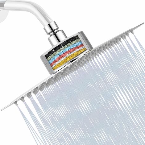 Pommeau de Douche Filtré, Pommeau de Douche Haute Pression Avec Filtre Pour Eau Dure, élimine le Chlore et les Substances Nocives, Pommeau de Douche Carré de 25cm (Chromé) (1/5)