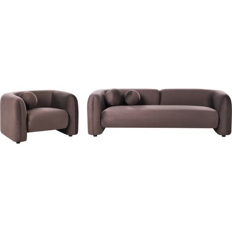 Conjunto de sala de estar 4 plazas sofá y sillón moderno de terciopelo con cojines extra marrón oscuro Leiren
