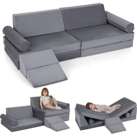 COSTWAY Divano Bambini Componibile Modulare Convertibile Sottovuoto Interno Cameretta Braccioli Schienale Gioco 10 Pezzi Letto Divanetto Scivolo Materasso Pol (1/5)