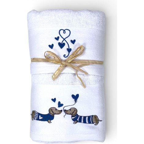 Set Asciugamani Bassotti Blu in Spugna Bianca 100% Cotone   1 Asciugamano 60x110 + 1 Ospite 40x60 Ricamo Cuori   Made in Italy (1/4)