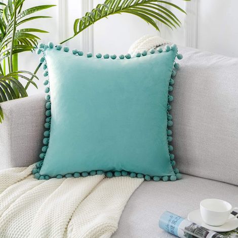 Lot de 2 coussins en velours à pompons, housses de coussin unies, coussins décoratifs, coussins de tête, coussins d'assise, coussins décoratifs, coussins pour canapé, chambre, bureau, 45 x 45 cm (1/5)