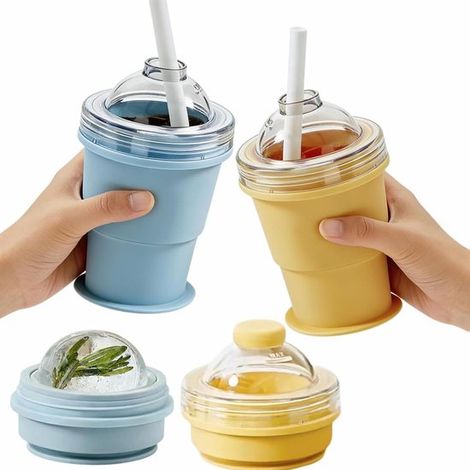 Gobelet de hockey pliable 2 en 1 - Couvercle étanche avec paille - Idéal pour le café, les jus, le camping/la randonnée - Bleu + Jaune - Lot de 2