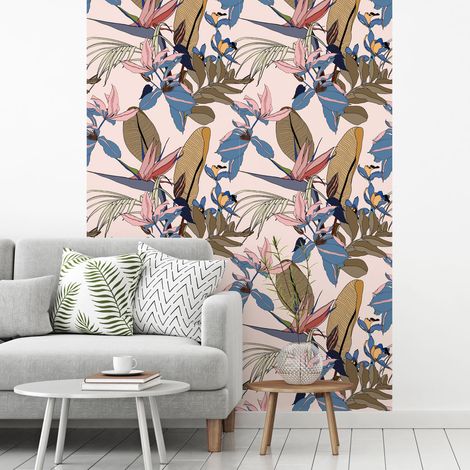 Papier peint intissé pré-encollé - TROPICAL ROSE FEUILLES DE BANANIER ET FLEURS DE PARADIS - 1 rouleau de 300x60cm (1/5)