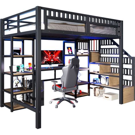 Lit mezzanine, 140 x 200 cm, cadre en fer, compartiment de rangement, échelle avec rangement, bureau, bande lumineuse LED, port USB inclus, sans matelas, noir