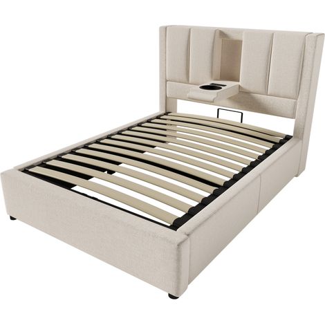Lit rembourré 90x200 cm avec rangement, port USB et support gobelet, beige, matelas inclus (1/5)