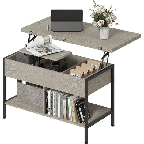 Table basse relevable et extensible, table de salon avec compartiment caché étagères ouvertes, 98x49x55cm, gris (1/5)