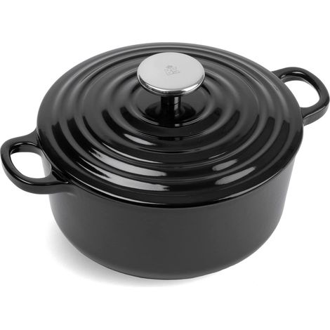 Fonte Émaillée 24 cm/4,2 litres Cocotte avec Couvercle, Compatible avec l'induction, Va au Lave-Vaisselle, Va au four jusqu'à 220°C, Noir (1/5)