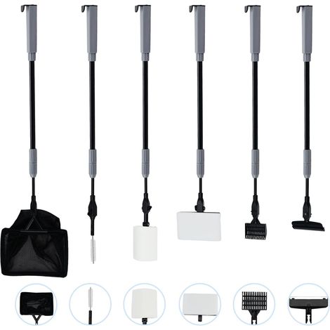 Kit complet de nettoyage pour aquarium avec filet + râteau + grattoir + fourchette + brosse éponge pour verre (1, gris, 6 en 1) (1/5)
