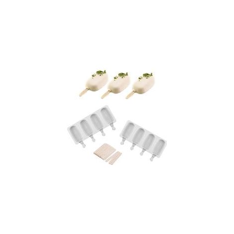 Lot de 2 moules en siliCône à 4 cavités, réutilisables - pour jus de fruits, crème glacée - Forme ovale classique, anti-adhésif, avec 50 batonnets en bois (1/5)