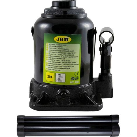 JBM – Cric hydraulique bouteille surbaisse 20t – Capacité 20 tonnes – Hauteur minimale 190 mm – Hauteur maximale 335 mm – Soupape de sécurité
