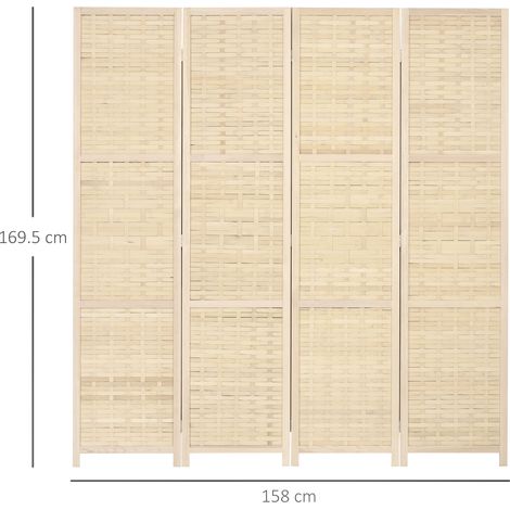Cloison intérieure pliable en 4 panneaux, en bambou et bois, gain de place, hauteur 170 cm, marron (1/5)