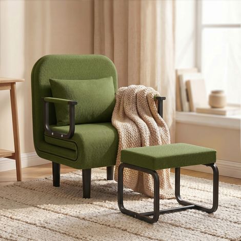 Fabulcozy Sofá convertible 4 en 1 de lino con reposapiés y reposabrazos metálicos para sala de estar – 184x60 cm, Verde