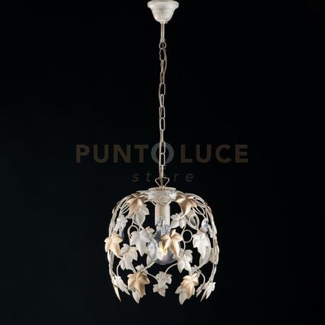 Lampadario Shabby Edera 1 Luce Ferro Battuto Avorio Oro Con Foglie E Cristalli