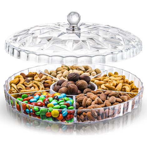 Plateau de service à goûter 30,5 cm, couvercle inclus, 6 compartiments ronds en plastique pour fruits secs, noix, bonbons et biscuits sucrés (1/5)