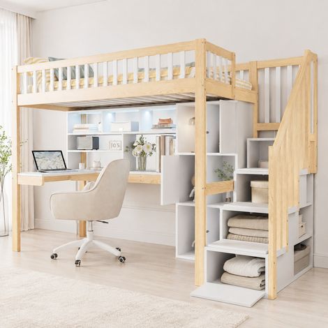 Cama alta 90x200 cm, con escritorio, escalera de almacenaje, estantes y LED, madera de pino, blanco y natural (1/5)