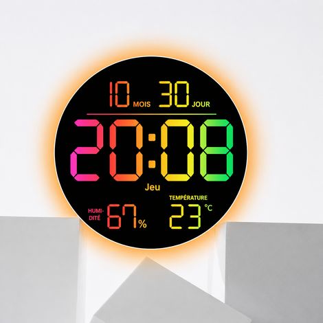 Horloge murale digitale LED ronde RGB 6695R noir date température réveil veilleuse – Livraison gratuite (1/5)