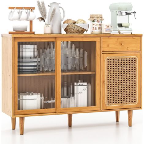 Kitchen Buffet Sideboard Storage Cabinet Cupboard w/ Tempered Glass Sliding Door (1/5)