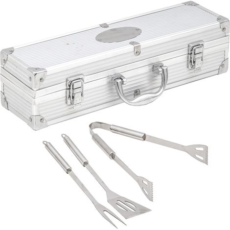 Attrezzi barbecue per arrostire pinza forchettone spatola ACCIAIO INOX cm 35 con valigia (1/5)