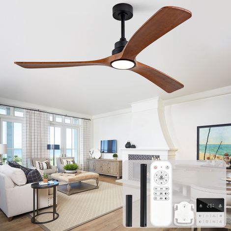 Ventilatore da soffitto con luce, silenzioso per soggiorno e camera da letto con telecomando, 3 pale in legno massello, 151 cm, 6 velocità, noce scuro (1/5)
