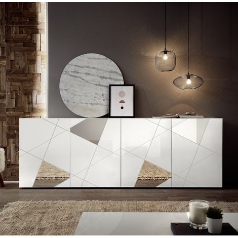 Credenza soggiorno bianco lucido, 4 ante con inserto a specchio L. 241 cm - Lisbona (1/4)