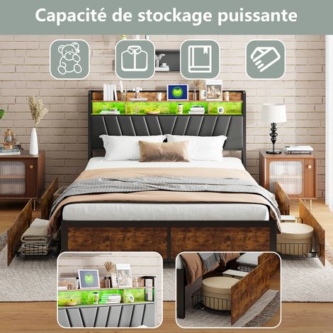Lit métal 160 x 200 cm, lit double, avec LED, 4 tiroirs, avec sommier à lattes métal et tête de lit rangement, lit d'appoint, adulte, lit acier, bois et fer, noir (expédition depuis la France) (1/4)