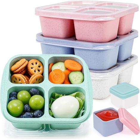 Boîte À Repas Bento - 4 Compartiments - En Paille De Blé - Micro-ondes Congélateur Lave-vaisselle - Pour Enfants Et Adultes - Lot De 4 (1/5)