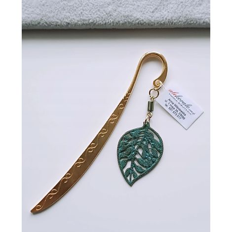 Marcapáginas grande de oro antiguo con hoja verde y hematita como regalo (1/5)