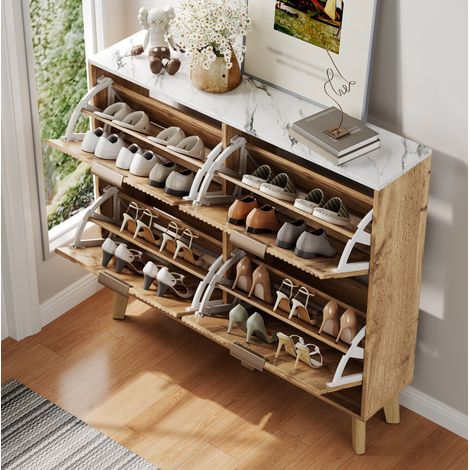 Scarpiera in MDF naturale con 4 ante a ribalta, top effetto marmo, design salvaspazio 105 x 24 x 95,5 cm (1/5)