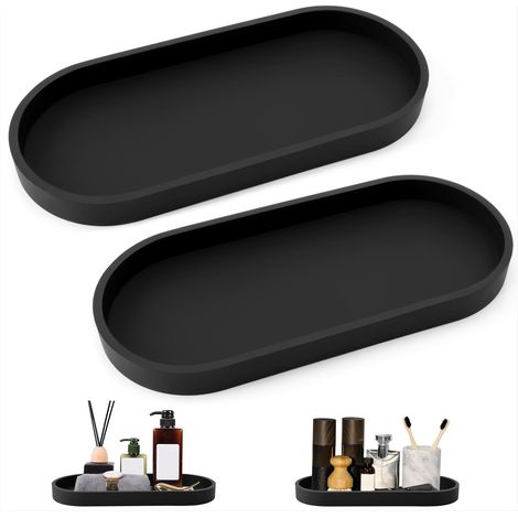 Plateau Salle de Bain Decoratif Ovale Plateau de Rangement en Silicone pour Salon Chambre Lavabo Baignoire Cuisine 2 Pièces Noir (1/5)