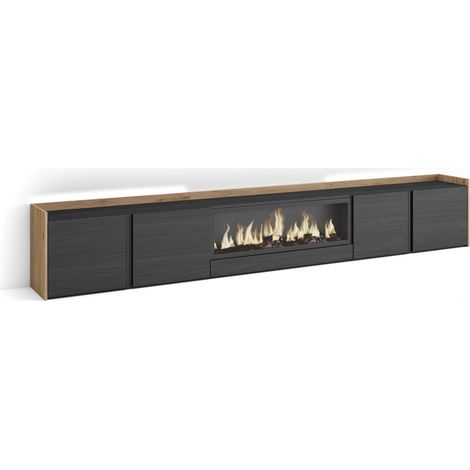 Skraut Home - Mueble TV, Televisión, Muebles de salón, almacenaje, 315x35x50cm, Para TV hasta 80", Chimenea eléctrica XXL, LED, Estilo Moderno, Negro y roble (1/5)