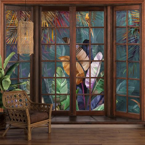 Papier peint panoramique Trompe l'oeil Fenêtre en bois - Plantes tropicales - 130 cm x 104 cm (1/5)