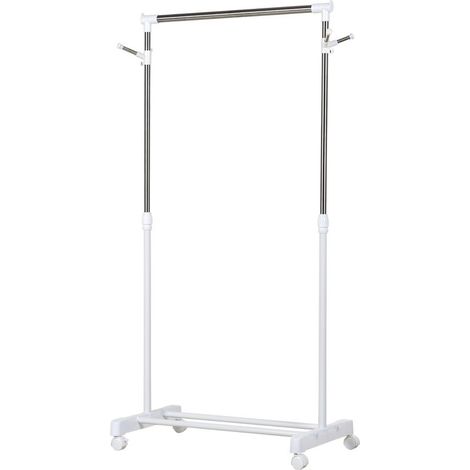 Portant à vêtements standard, barre de suspension réglable en hauteur, portable, avec étagère inférieure sur roulettes, structure en acier, dimensions 68,5 x 42 x 87-145 cm, blanc argenté (1/3)