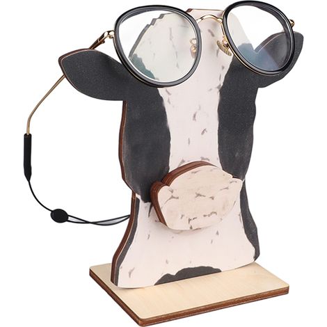 Tête de vache avec lunettes, statuette décorative en bois représentant une vache avec des lunettes, présentoir pour bureau. (1/5)