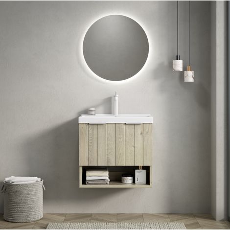 Hängender Badmöbel-Unterschrank 55 cm mit weißem Keramikwaschbecken, 2 Türen, Eiche hell (1/5)
