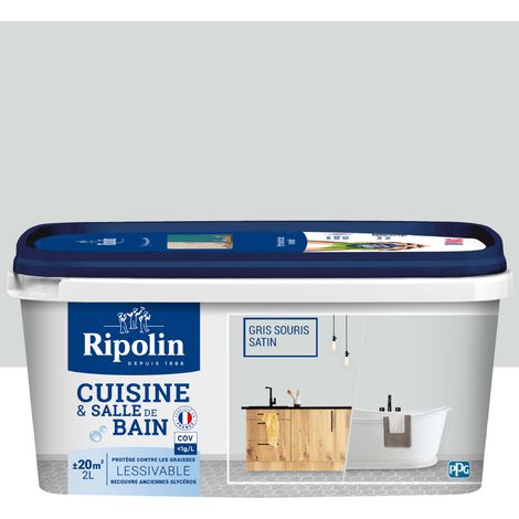 Peinture murs, boiseries, plafonds, radiateurs - RIPOLIN - Cuisine et bain - 2 L - Gris Souris (1/5)