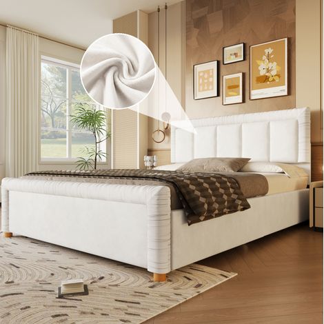 MODFU – Cama de matrimonio 140x200 cm de terciopelo con 2 cajones modulables, cabecero acolchado, patas de madera y carga 220 kg – Beige (1/5)