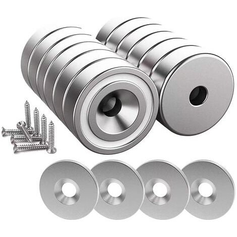 12 Stück Neodym-Magnete, 10 kg Kraft, 20 x 7 mm mit Loch und Kapsel, Senkkopf-Topfmagnet mit Schraube und 12 Stahlpads (Hellsilber) (1/4)