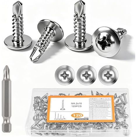 Viti autofilettanti per metallo, M4.2 x 16 mm, viti autofilettanti con testa piana in acciaio inox per lamiera, coperture in lamiera grecata, metallo e plastica (1/5)