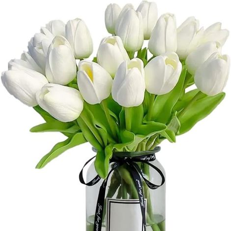 Set mit 20 künstlichen weißen Tulpen, große Blüten, Polyurethanmaterial, Blattlänge 4,5 cm